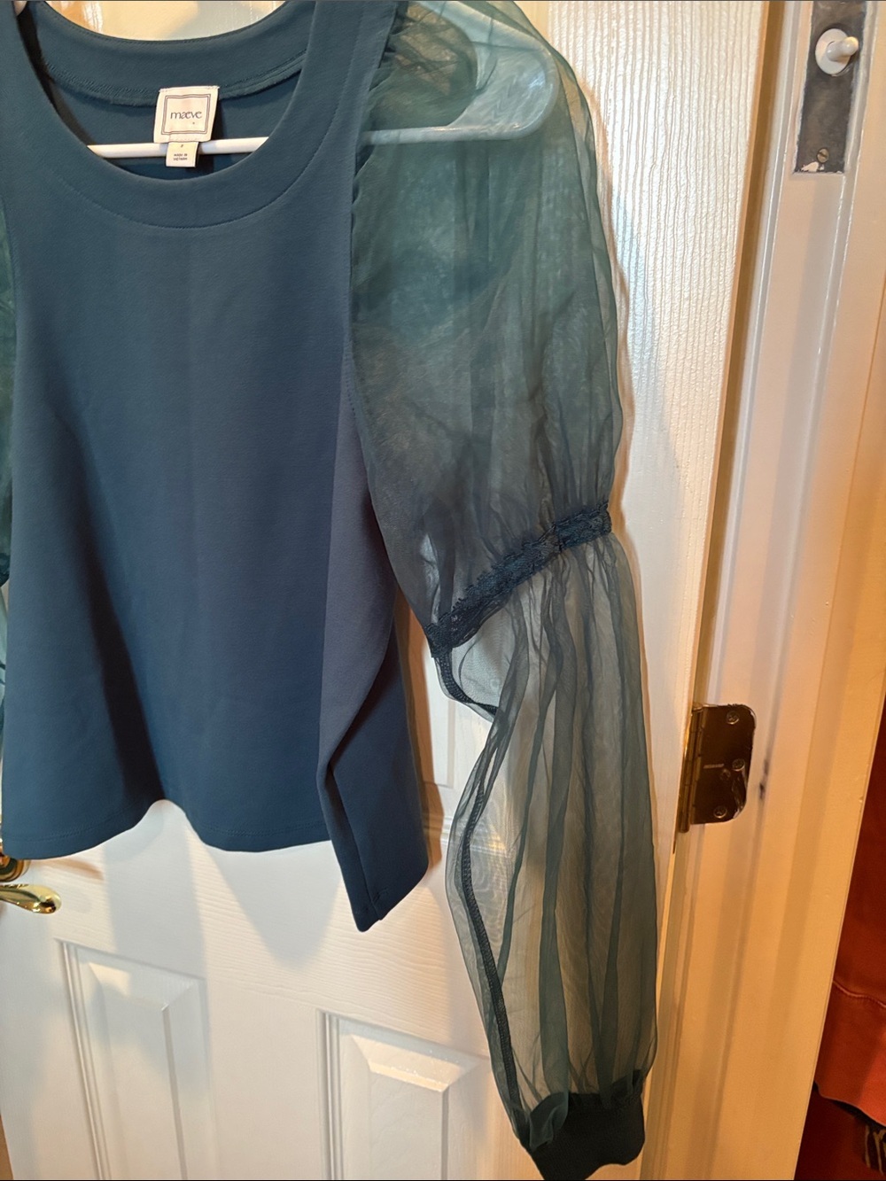 Anthropologie Maeve Teal Mixed-Media Knit Top Sheer Organza Puff Sleeve sz S - Picture 3 of 5